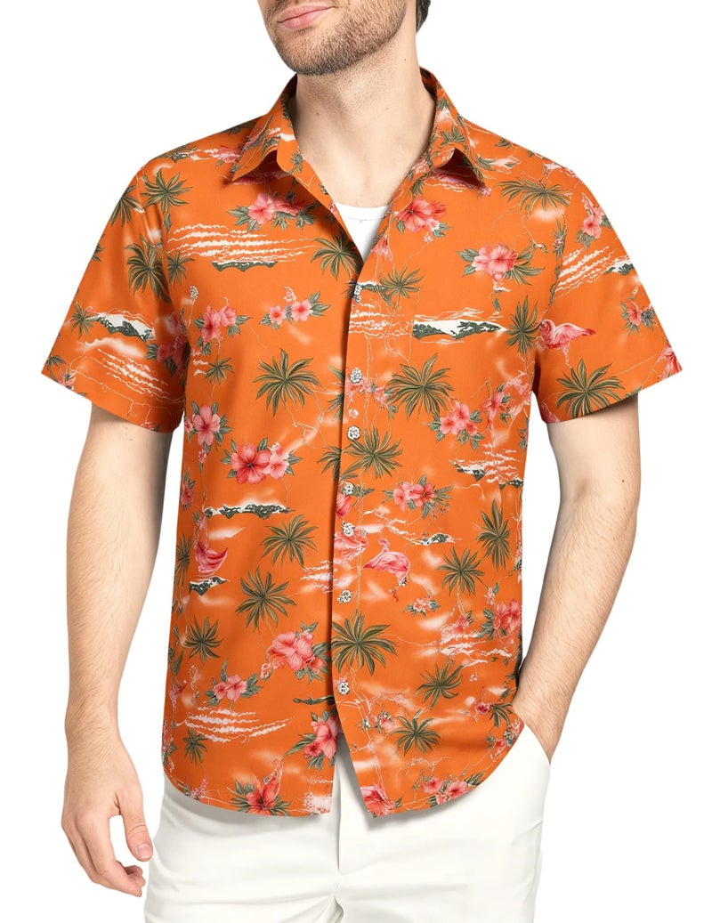 SSLR Mens Hawaiian Shirt Flamingos Casual Short Sleeve Button Down Shirts Aloha Shirt (X-Large, Orange) - Image 1